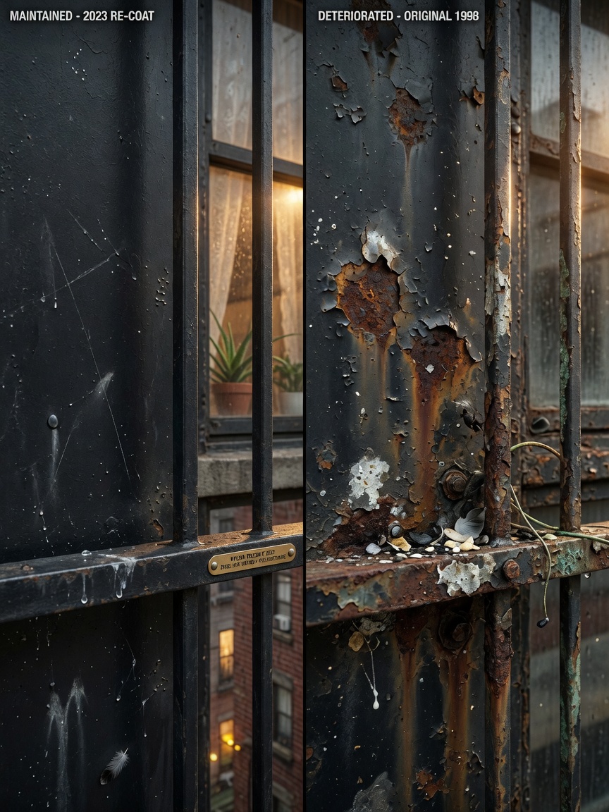 Ultra-realistic 8K close-up of corrosion-resistant finish on steel window guard after years of NYC weather exposure, showing proper maintenance versus deterioration comparison