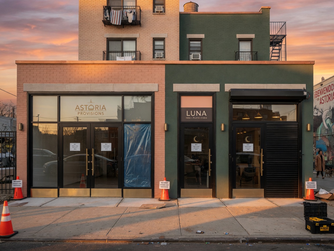 Photorealistic 8K image of multiple newly installed custom commercial doors on a mixed-use building in Astoria Queens at sunset, cohesive architectural look, warm golden light, perfect urban realism