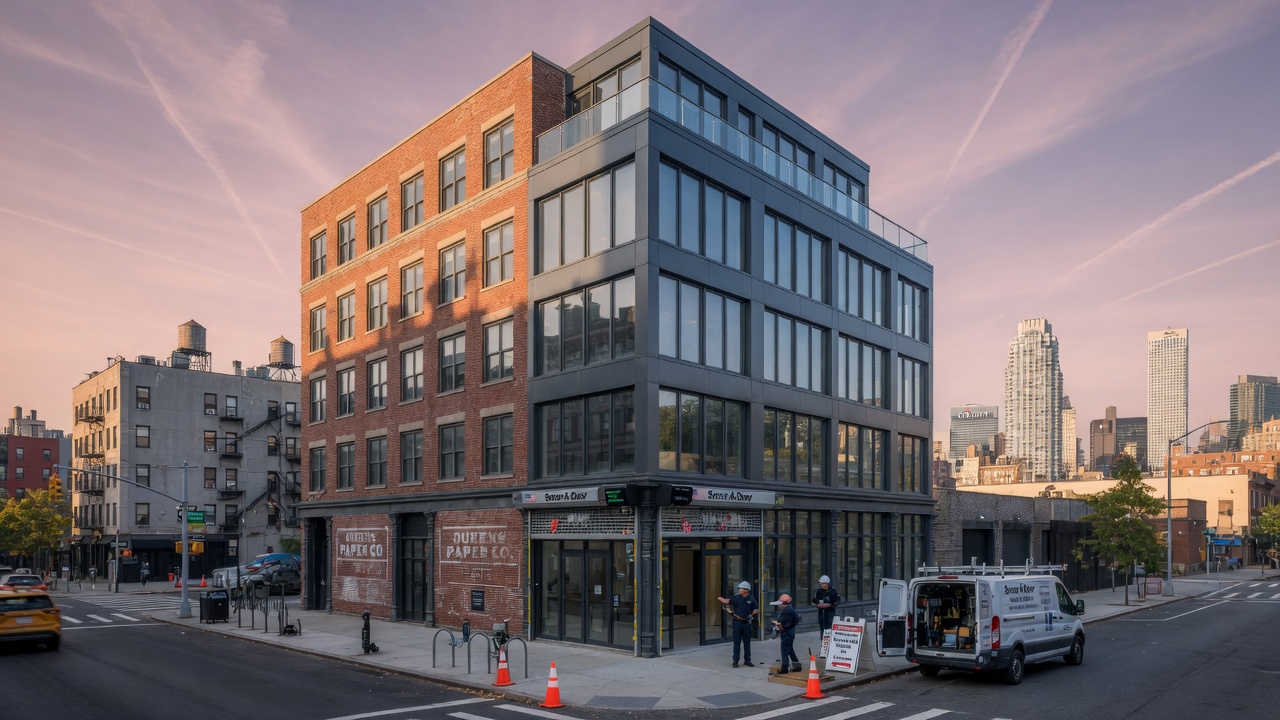 Wide establishing shot of Secur-A-Door installation completed on a mixed-use building in Long Island City Queens, late afternoon light, modern and historic architecture blend, pristine professional workmanship, 8K photorealistic