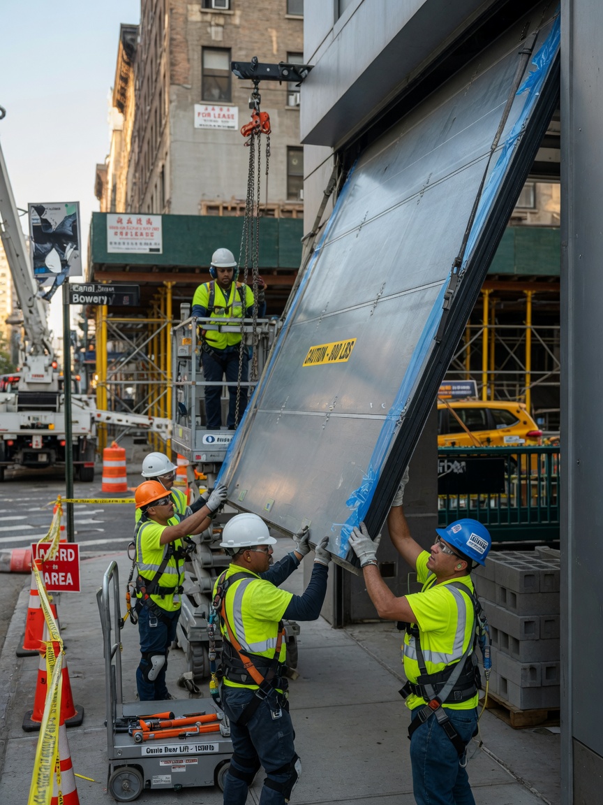 Team of installers carefully lifting a heavy steel commercial door into position using specialized equipment, safety focused, construction site in New York City