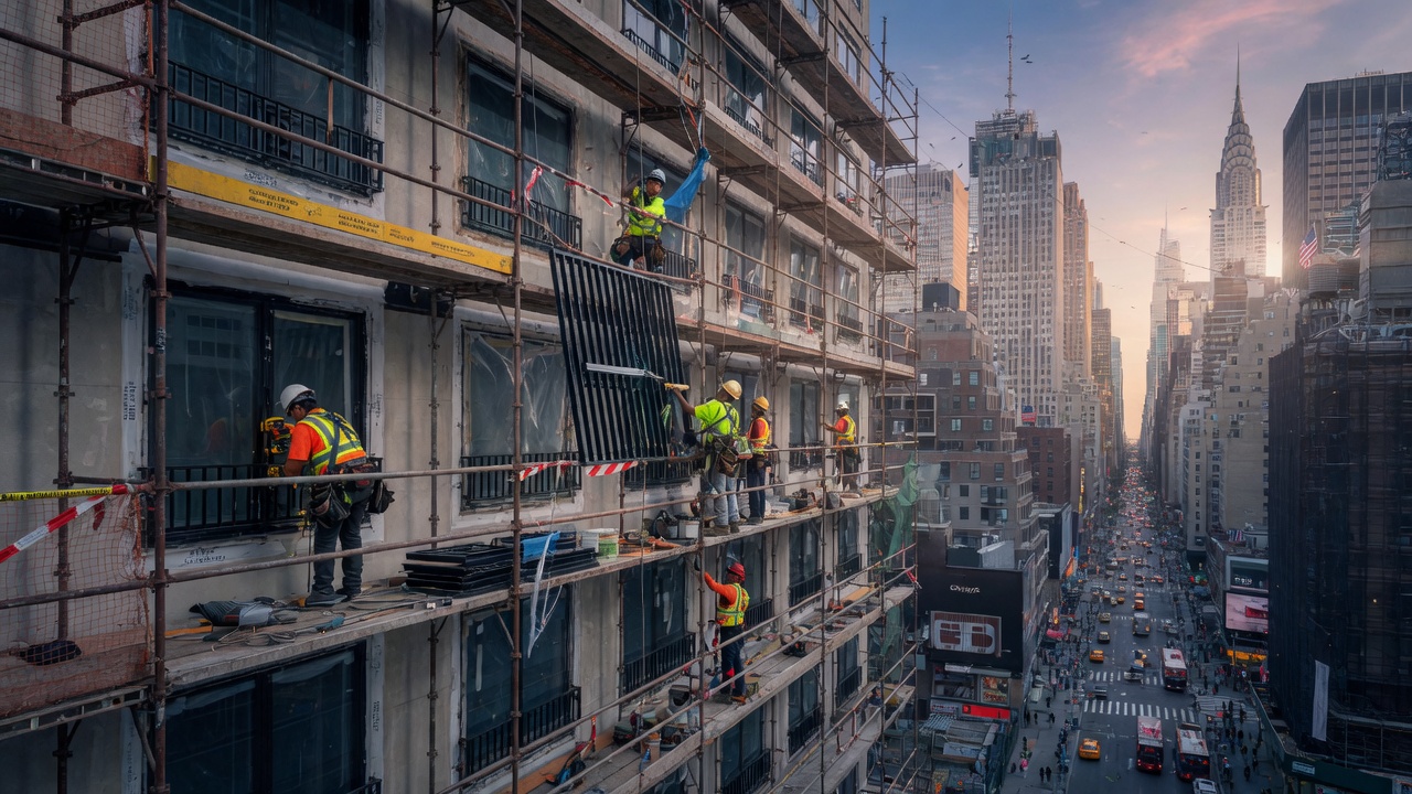 Cinematic 8K wide shot of scaffolding on a NYC high-rise during window guard and facade renovation project, workers installing guards, bustling city background