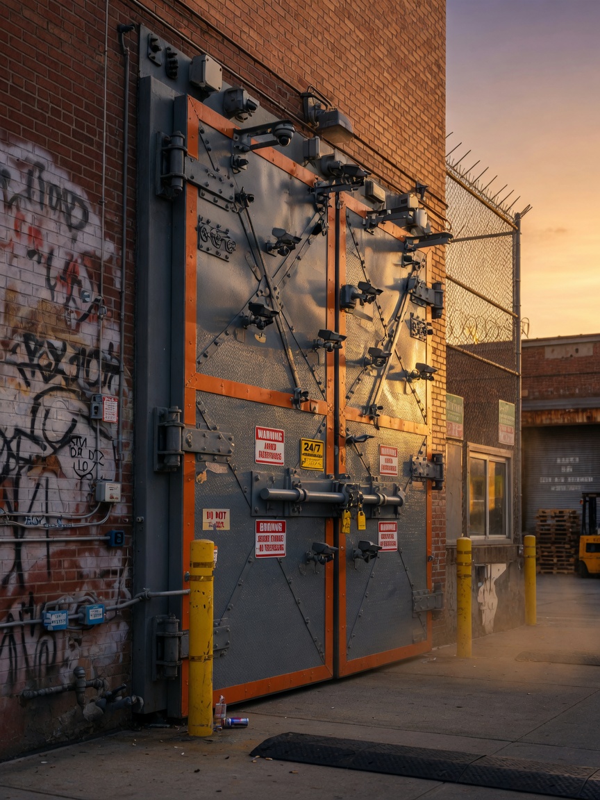Ultra-realistic 8K photograph of a secure Bronx industrial facility with heavy custom steel commercial doors at golden hour, security features prominent, industrial strength aesthetic, cinematic lighting and detail