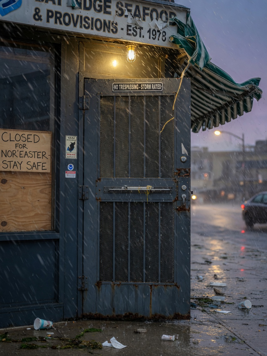 Atmospheric photorealistic image of storm security door withstanding heavy wind-driven rain on a coastal Brooklyn storefront during nor'easter, dramatic weather, water beading on steel surface, demonstrating weather performance, ultra-realistic 8K