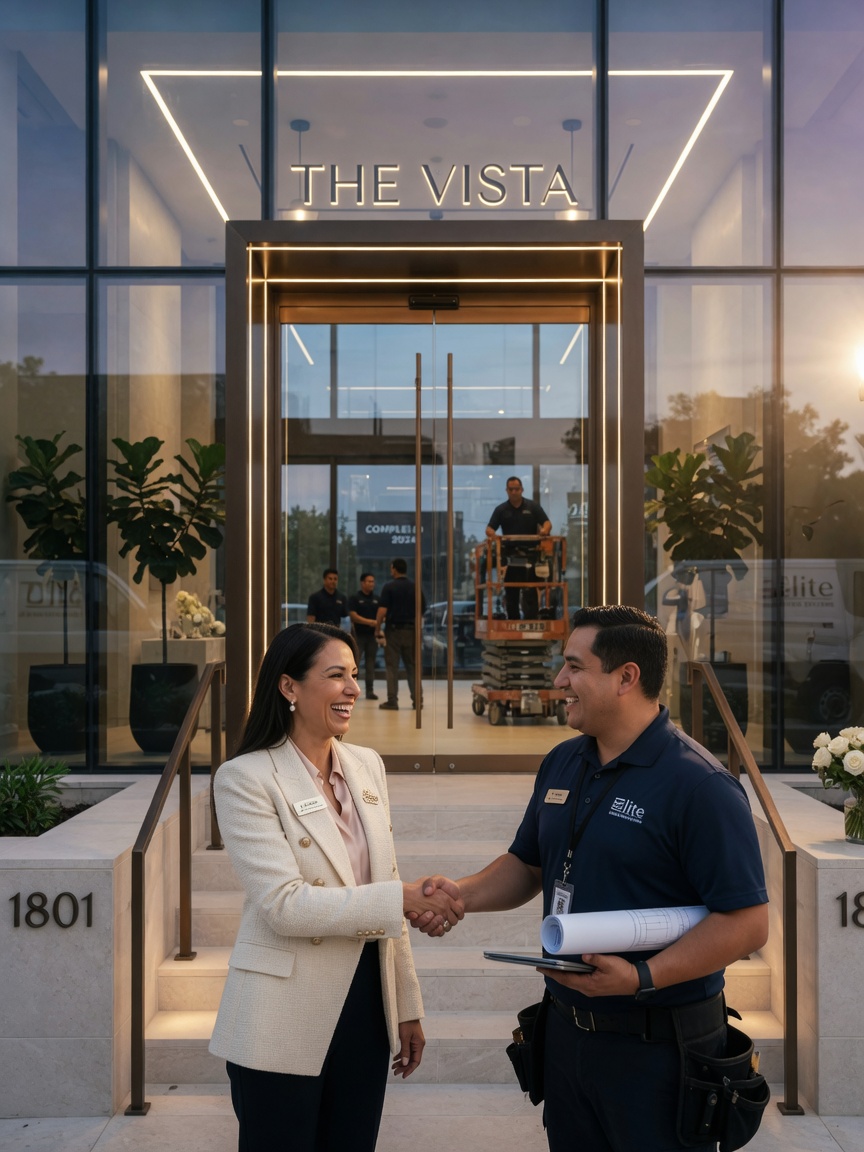 Happy commercial property manager shaking hands with installation crew in front of newly completed high-end building entrance with vision lights, professional atmosphere, photorealistic