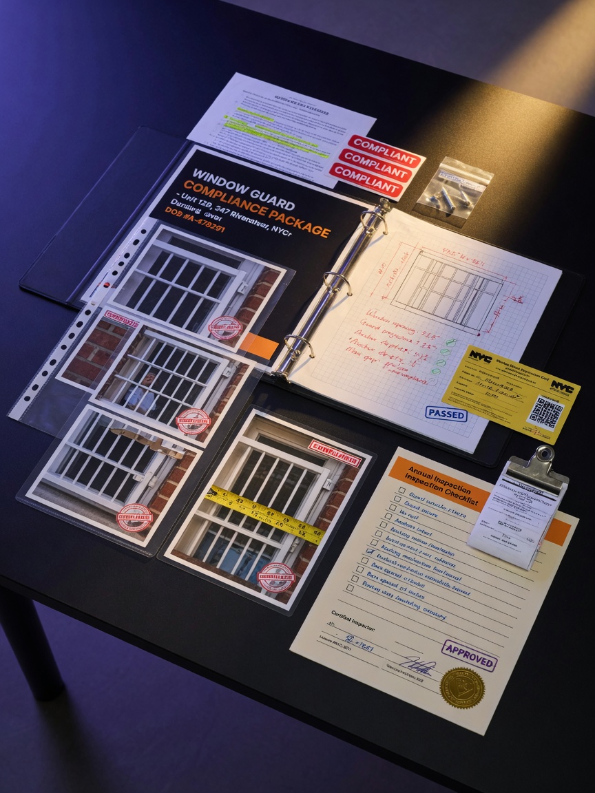 Professional 8K product photography of complete window guard compliance documentation package including photos, measurements, registration cards, and inspection checklist