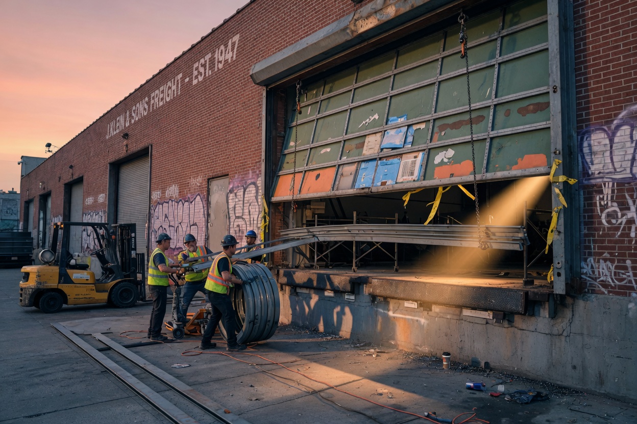 Ultra-realistic 8K photograph of a Brooklyn warehouse overhead roll-up door replacement at sunset, heavy reinforced steel construction, industrial aesthetic, golden light casting long shadows across concrete loading dock, perfectly sharp details, filmic color grading