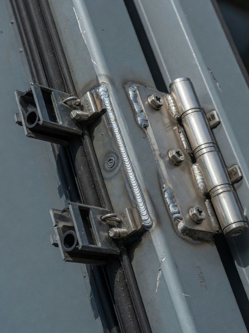 Photorealistic close-up detail of 14-gauge steel custom storm security door edge showing precision welding, thick weatherstripping, and robust hinge construction, natural daylight, shallow depth of field, architectural photography style, 8K resolution