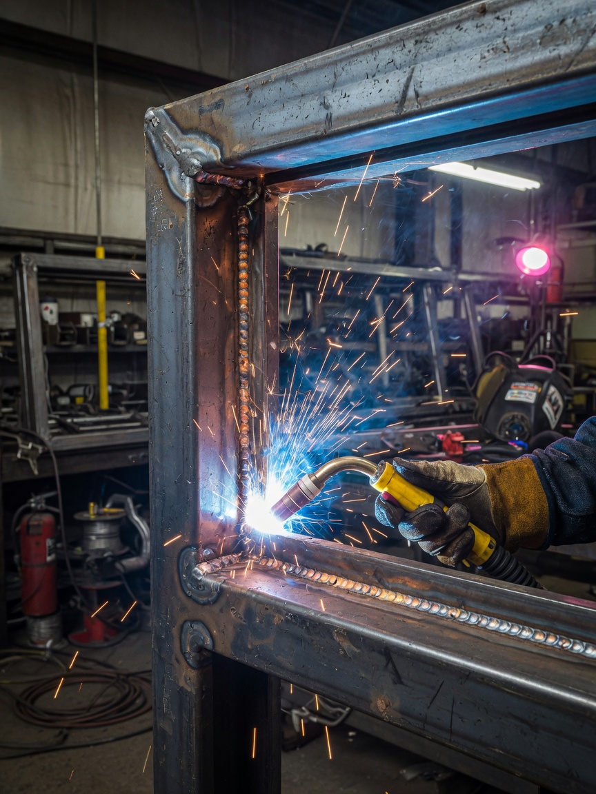 Professional close-up of heavy 12-gauge steel door frame being precision welded in a fabrication shop, sparks flying, industrial lighting, ultra-detailed metal texture, realistic workshop environment