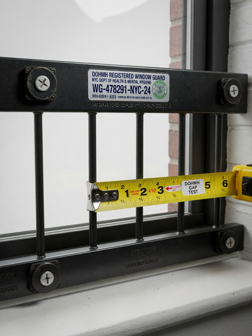Close-up 8K image of approved DOHMH-registered window guard with visible registration stamp, one-way tamper-resistant screws, precise 4.5 inch gap measurement, professional product photography style