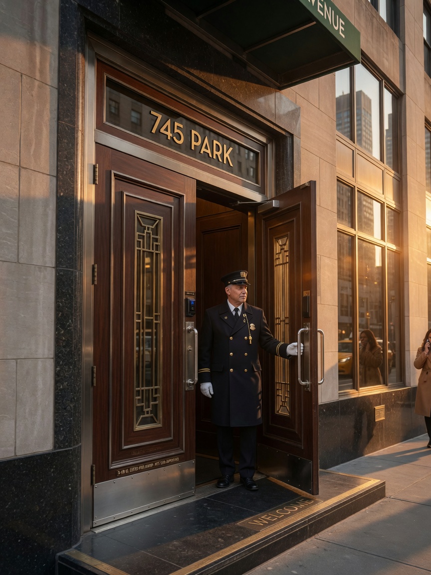 Photorealistic 8K image of a sophisticated 3-hour fire-rated custom entrance door on a Manhattan high-rise building during golden hour, elegant architectural details, polished stainless steel hardware, doorman visible, luxury building facade, hyperrealistic details