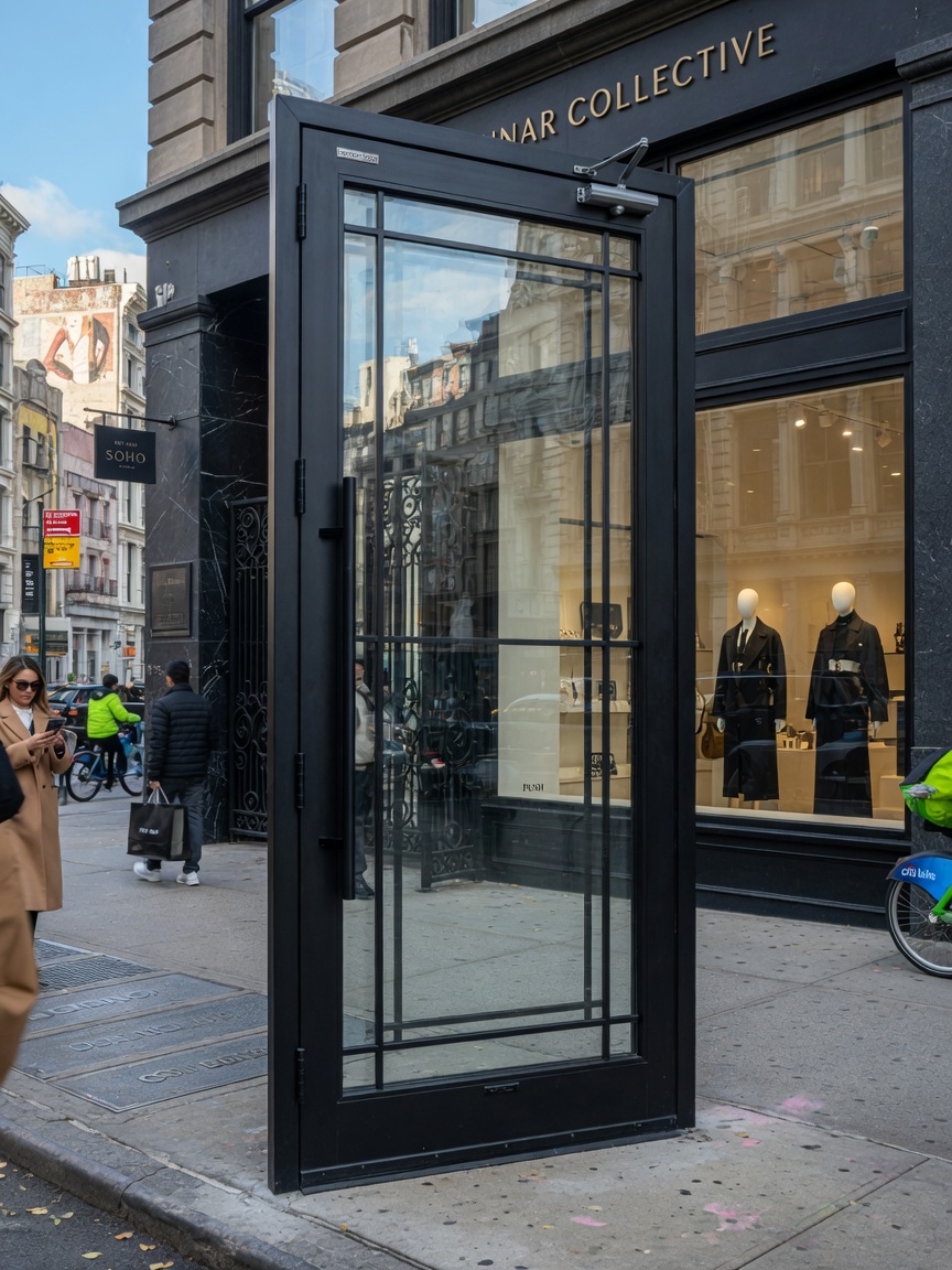 8K ultra-realistic image of full-view storm security door with interchangeable glass panel installed on a high-end Manhattan retail storefront in SoHo, elegant powder-coated black finish, perfect alignment, daytime natural light, pedestrians slightly blurred in background, authentic NYC street details