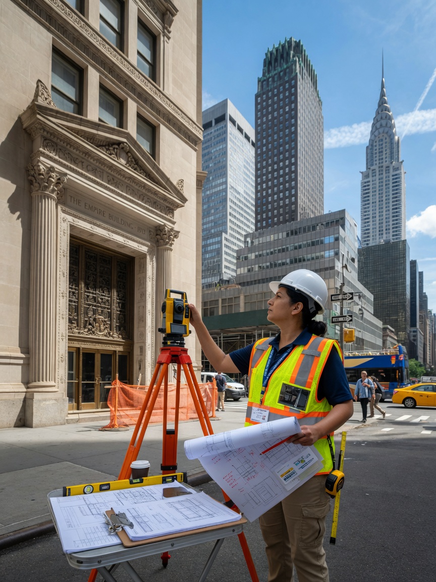 Architectural surveyor measuring a building entrance in NYC with laser tools and blueprints, wearing safety vest, Manhattan skyscrapers in background, bright daylight, photorealistic 8K