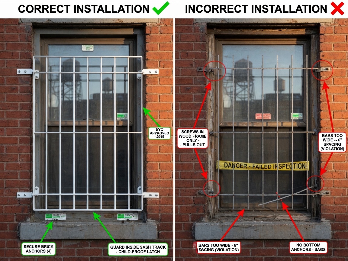 Ultra-realistic 8K photo showing correct vs incorrect window guard installation side by side on double-hung NYC windows, annotated with red and green indicators, educational style
