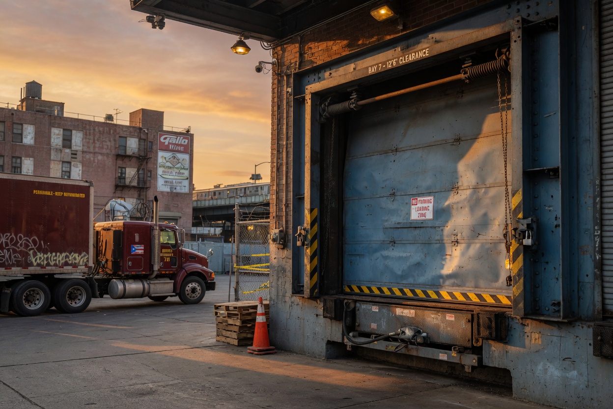 Ultra-detailed 8K photo of a reinforced commercial loading dock door system at a Bronx industrial facility at sunset, heavy truck parked nearby, golden light illuminating robust steel construction, realistic industrial environment, impeccable detail