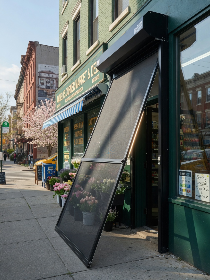 Professional architectural photograph of retractable screen storm security door in open ventilation position on a Brooklyn corner store during spring, bright daylight, realistic urban environment with typical Brooklyn row houses in background, clean professional installation
