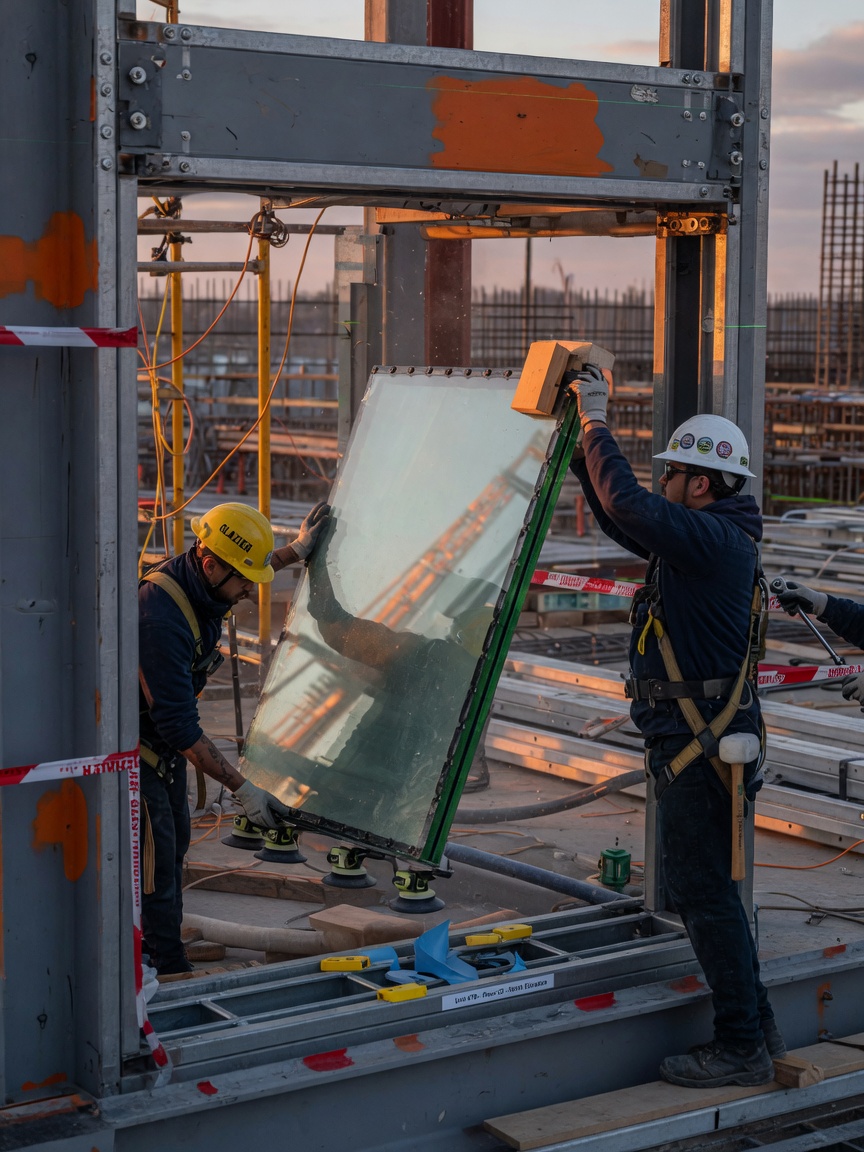 Detailed view of vision lights installation process showing insulated glass being carefully set into reinforced steel frame with professional glaziers, construction site setting, realistic lighting
