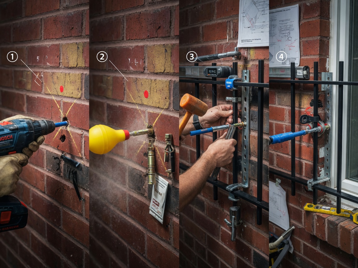 Detailed 8K architectural visualization of masonry anchor installation process for window guards in brick wall, step-by-step sequence shown in one frame, technical precision