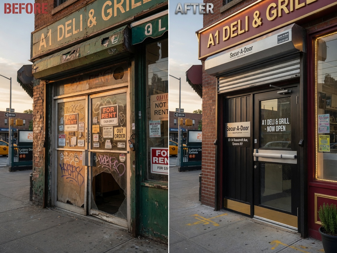Photorealistic 8K image showing side-by-side comparison of old failing commercial door versus new custom Secur-A-Door installation on a Queens storefront, before and after concept, golden hour lighting, highly detailed textures and realistic materials