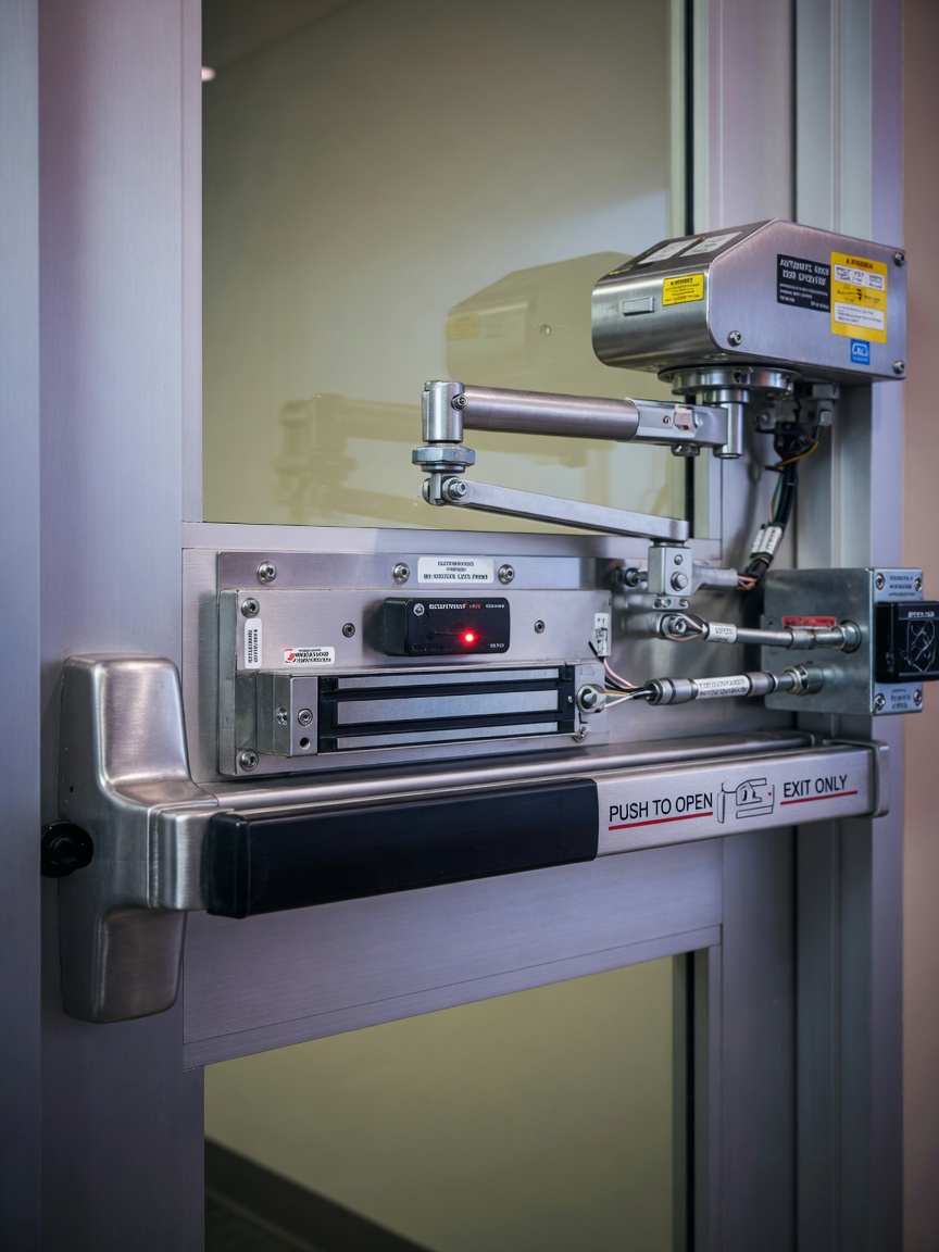 Commercial building entrance hardware close-up featuring high-security panic bar, electromagnetic lock, and automatic door operator in brushed metal finish, ultra-sharp focus, studio lighting