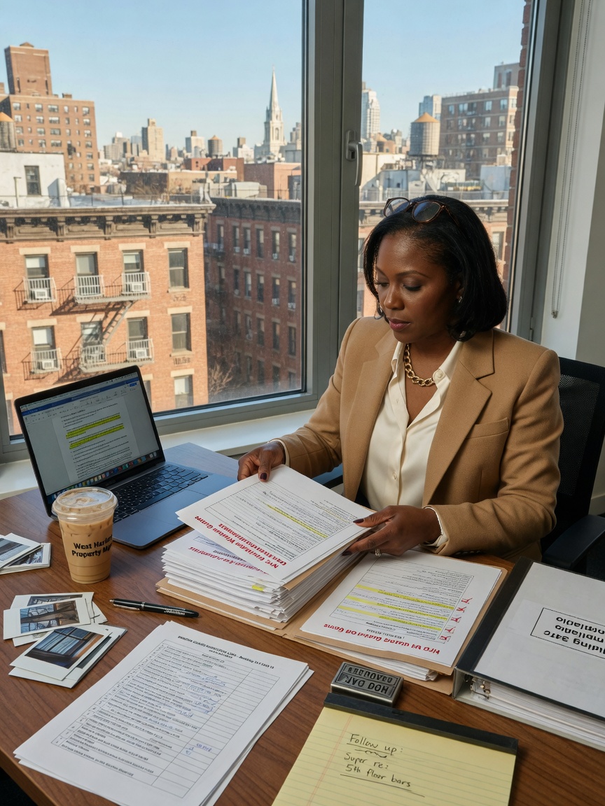 Professional 8K photograph of property manager reviewing window guard compliance documents and checklist at a desk with NYC building views through window, natural lighting