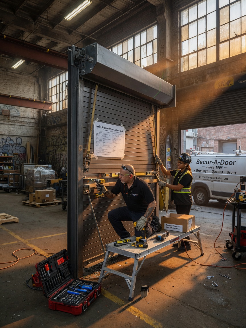 Ultra-realistic 8K photograph of expert technicians from Secur-A-Door installing a custom steel commercial door in a Brooklyn warehouse, precise professional work, golden sunlight streaming through space, tools and equipment visible, documentary style realism