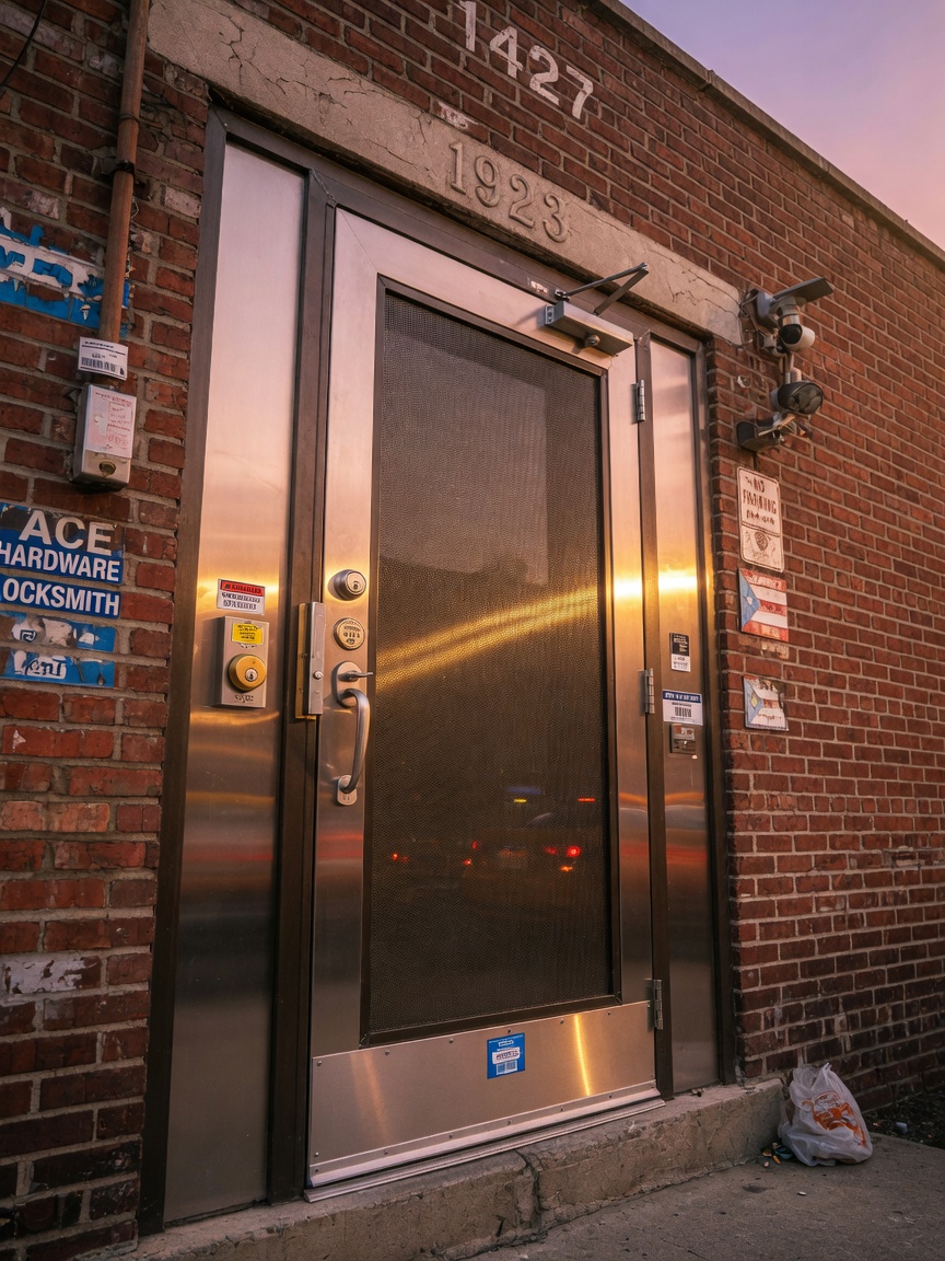 Golden hour photorealistic shot of a newly installed storm security door on a Bronx light-commercial building, warm evening light reflecting on steel surface, visible BHMA-certified hardware, perfect custom fit in older brick building, authentic NYC details