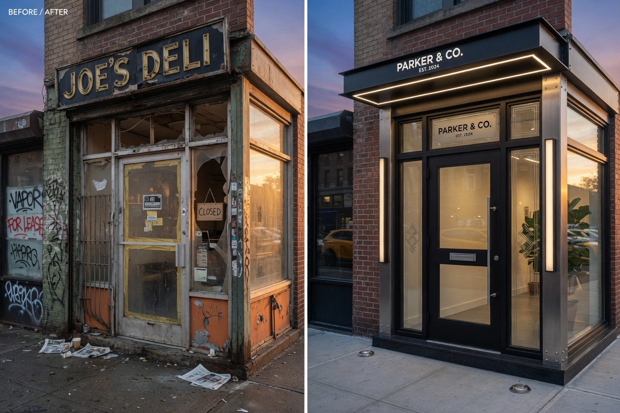 Before and after split image showing old deteriorated storefront entrance versus newly installed custom steel entrance system with vision lights in New York City, realistic photography