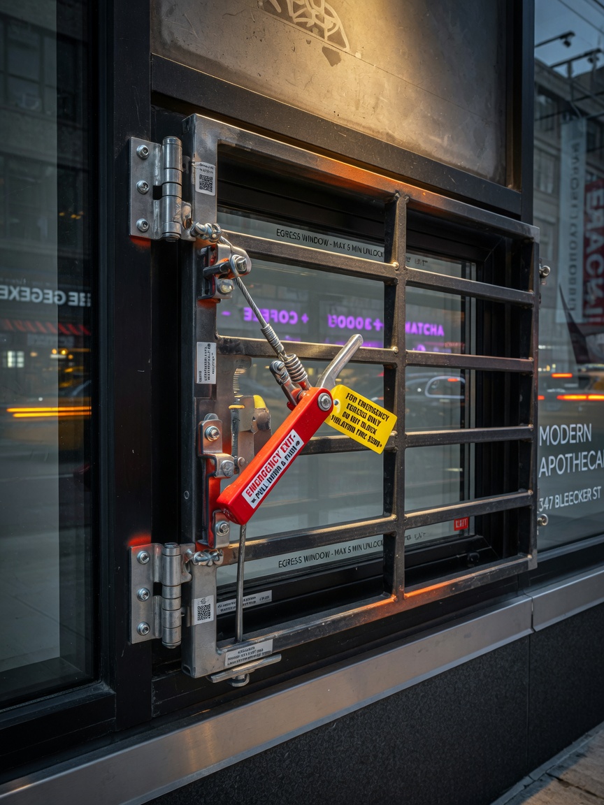 Ultra-realistic 8K image of quick-release mechanism on a commercial window guard over emergency egress window in a modern NYC storefront, detailed hardware focus