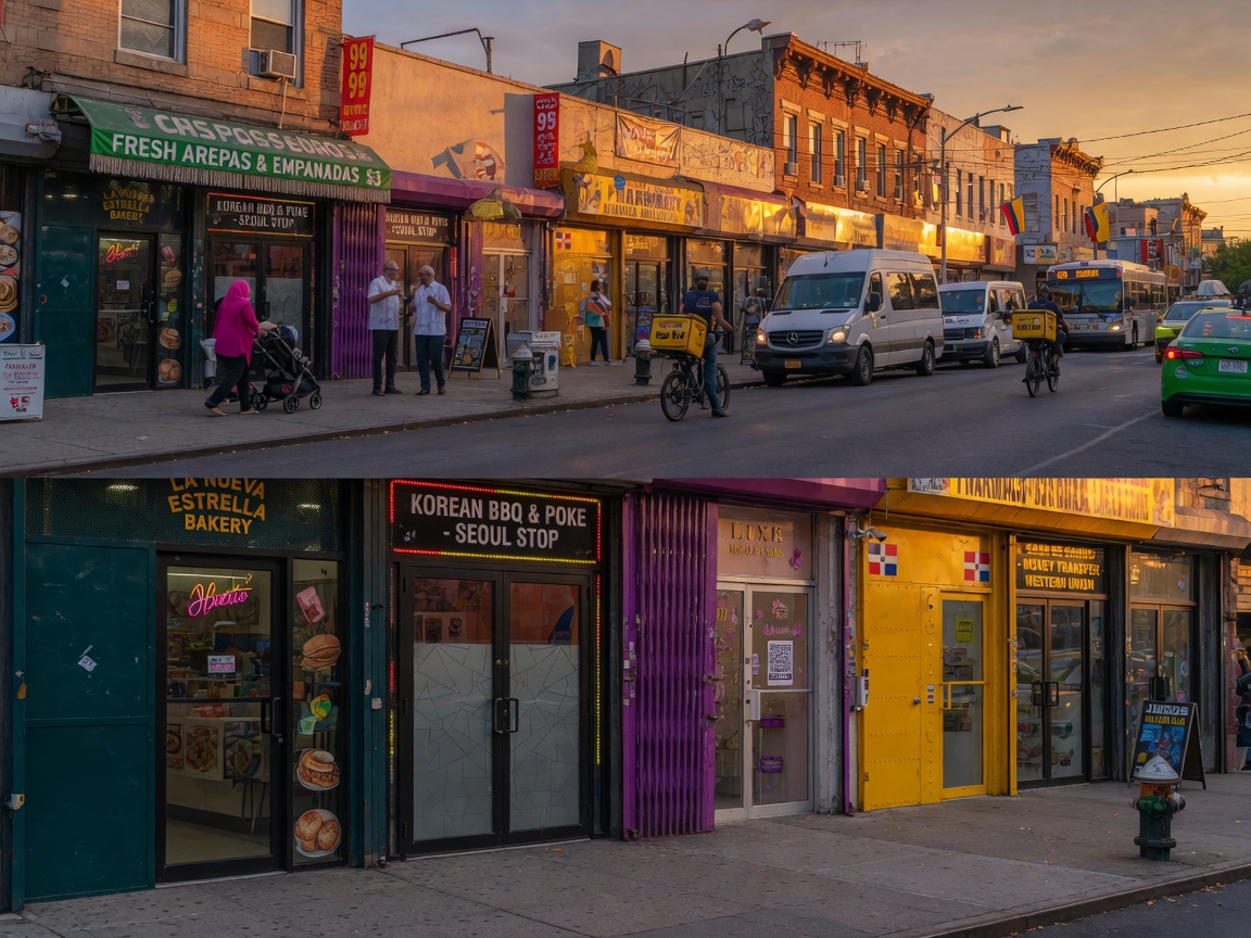 Photorealistic 8K image of a high-traffic Queens retail street with multiple modern custom commercial doors at golden hour, vibrant neighborhood atmosphere, legible business signage, perfect architectural details and realistic reflections