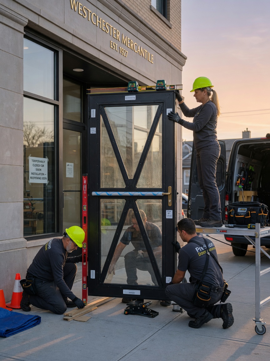 Ultra-realistic 8K image showing professional installation crew carefully positioning a large custom steel storm door at a Westchester storefront, early morning light, clean work site, precise alignment, documentary architectural photography style