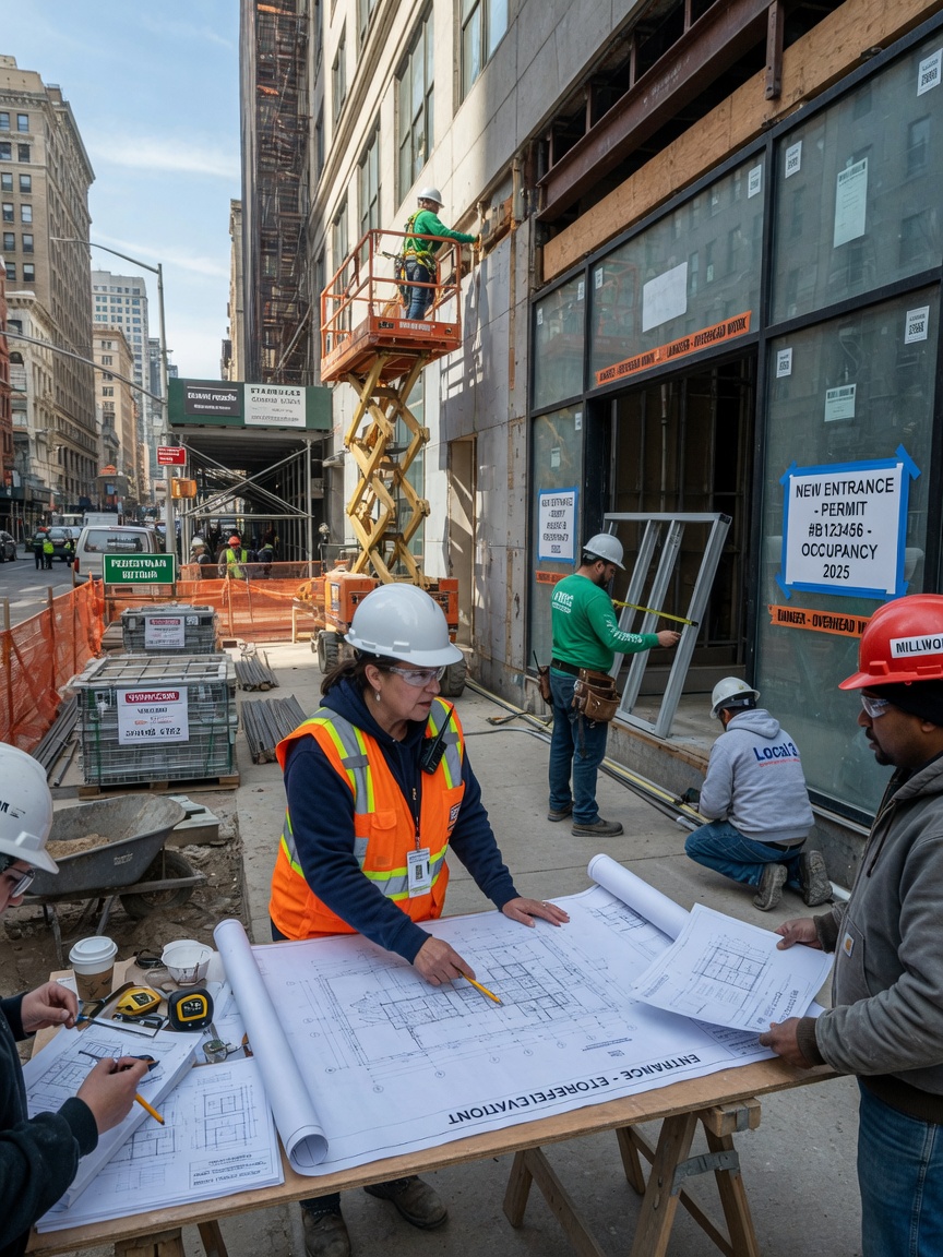 Project manager coordinating with multiple trades at a NYC construction site, reviewing blueprints near a partially installed commercial entrance, natural daylight, documentary style