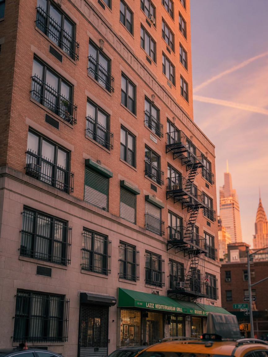 8K cinematic photo of high-rise mixed-use building facade in Manhattan with properly installed window guards and storm security doors, golden hour lighting, dramatic perspective