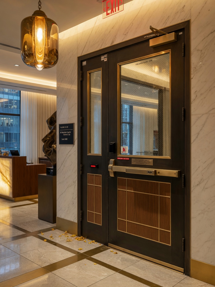 Ultra-detailed 8K photo of a 3-hour fire rated custom door assembly in a Manhattan office building lobby, elegant design meeting strict code requirements, warm golden lighting, sophisticated interior design elements, hyperrealistic