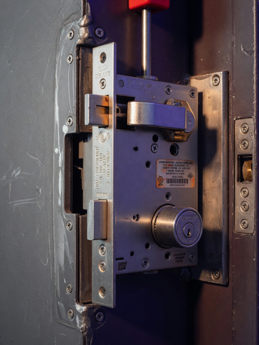 Close-up photorealistic detail of UL fire-rated hardware and locking mechanism on heavy 16-gauge steel security door, dramatic side lighting, razor sharp focus, industrial product photography, 8K resolution