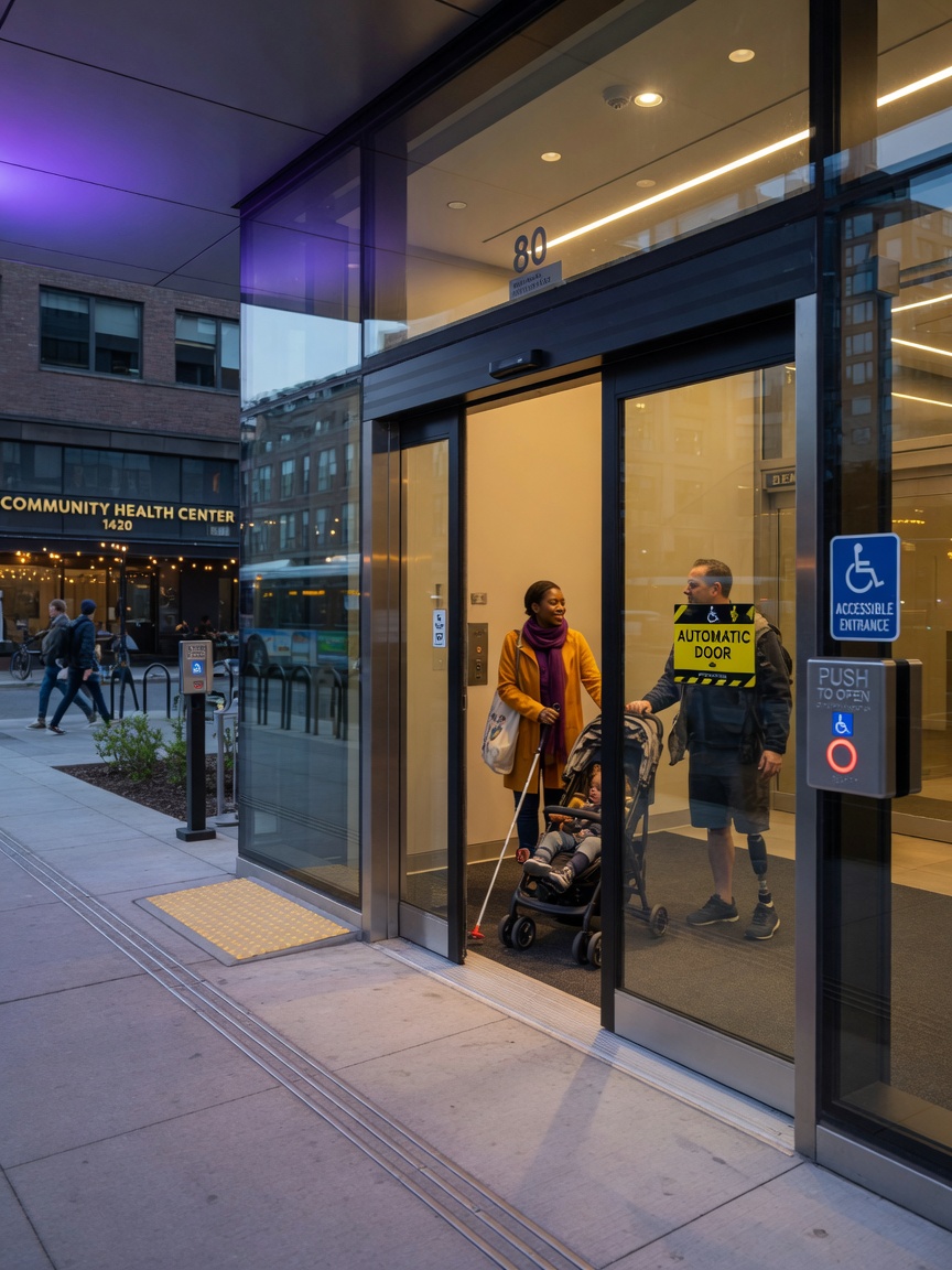 ADA compliant commercial entrance with automatic door operator, proper clear width, and accessible hardware, people entering building, inclusive design, realistic urban environment