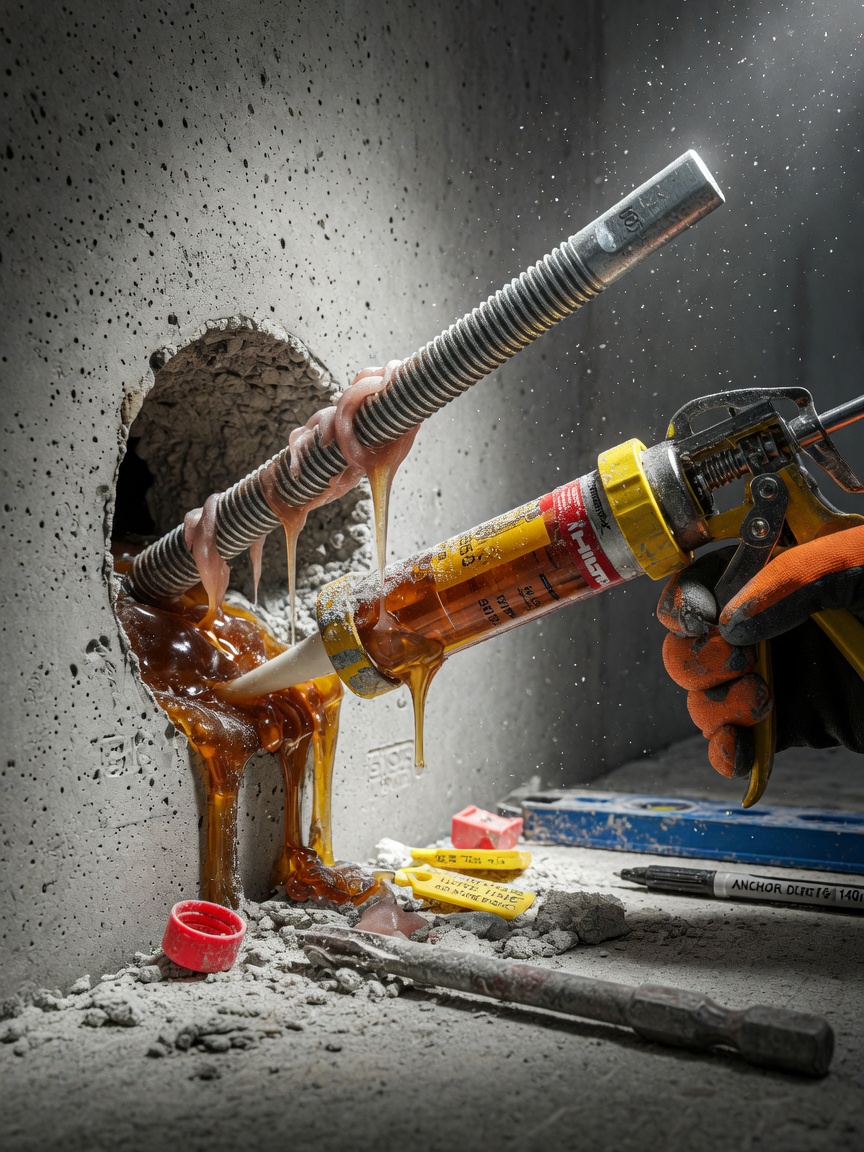 Close-up ultra-realistic 8K image of chemical anchor being installed into concrete for heavy commercial window guard, construction tools, dust particles in air, technical detail