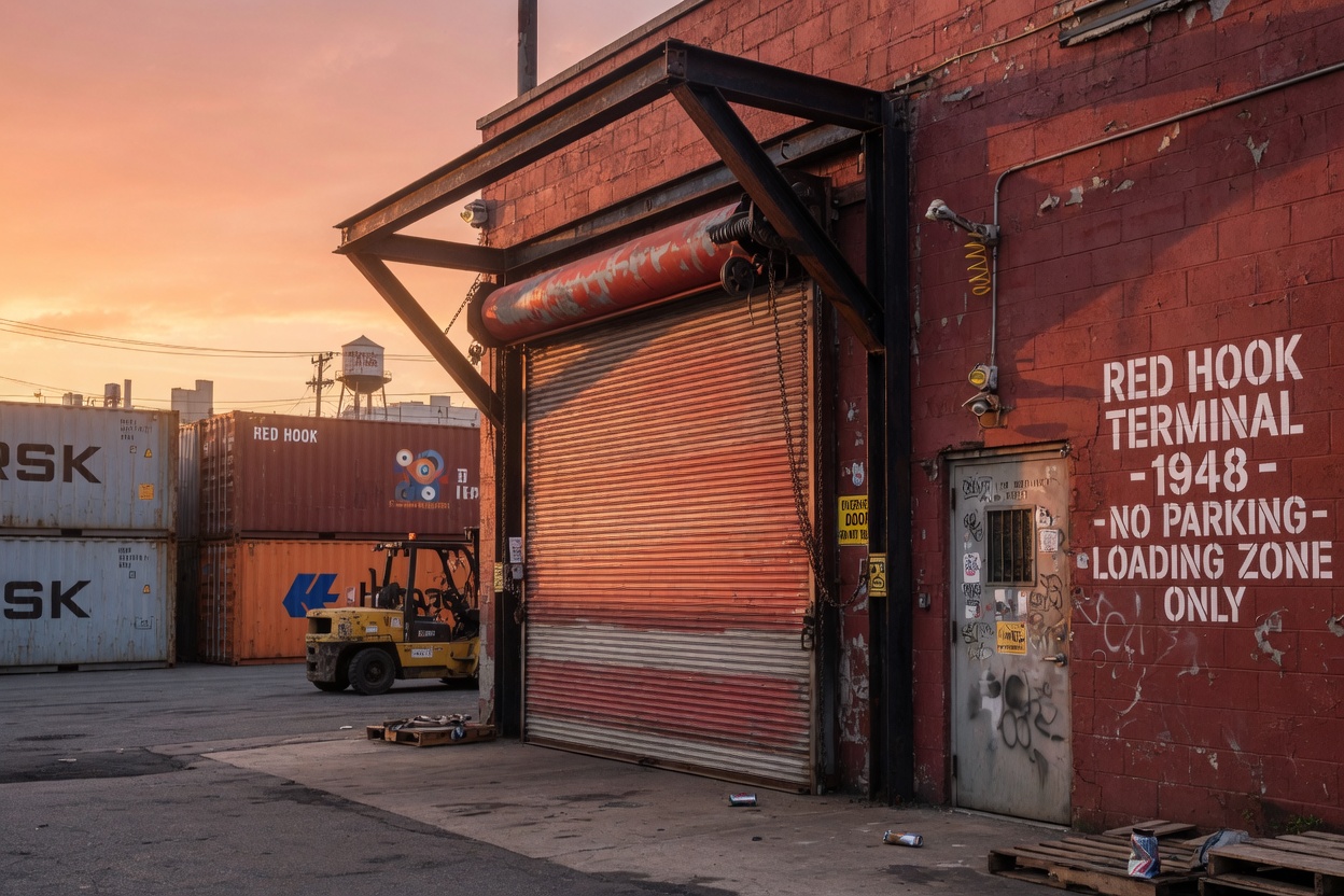 Photorealistic 8K image of heavy-duty overhead door system on a Red Hook Brooklyn warehouse during magical golden hour, industrial textures, shipping containers in background, perfect detail and realistic lighting