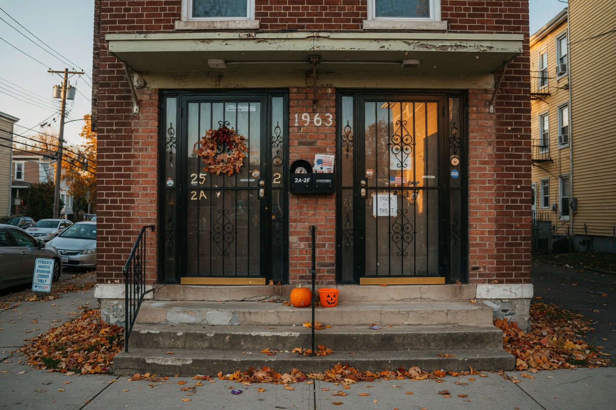 Wide architectural photograph of a Yonkers multi-family building entrance featuring two matching custom storm security doors with full-view glass, autumn afternoon light, fallen leaves on sidewalk, highly realistic urban residential scene
