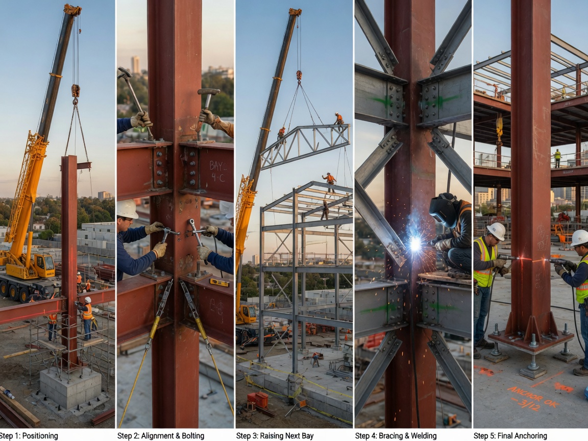 Time-lapse style sequence showing steel frame installation steps from positioning to final anchoring, multiple images combined in one frame, construction progress, 8K detail