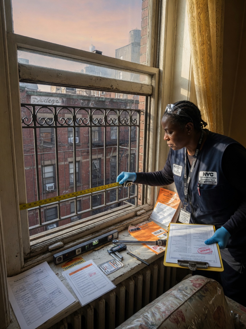 8K photograph of annual window guard maintenance inspection being performed by certified technician on a NYC apartment window, clipboard and measuring tools visible