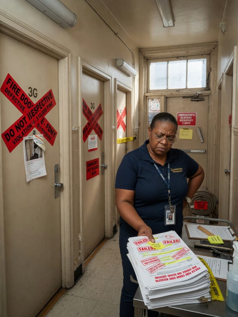 Ultra-realistic 8K photograph of a New York City building manager reviewing a failed fire door inspection report with red violation stickers on multiple doors in a Queens apartment building hallway, natural window lighting, professional atmosphere