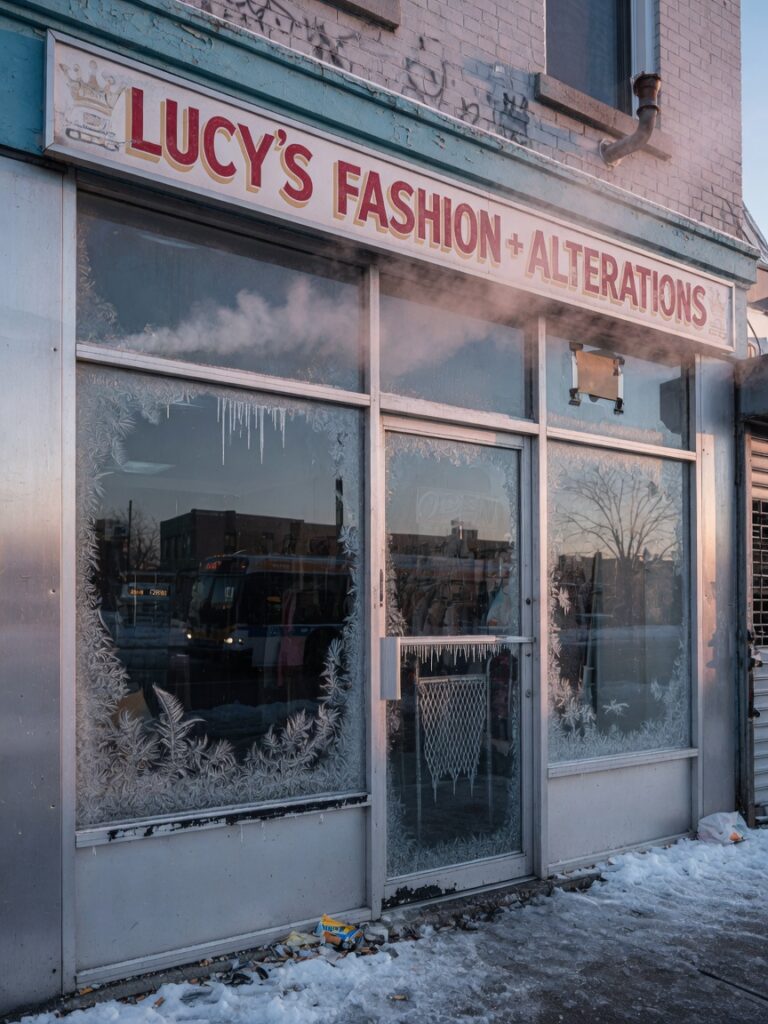 Ultra-realistic 8K photo of drafty commercial aluminum storefront in winter Queens retail building with visible cold air leakage and frost patterns on single pane glass, early morning light, professional architectural photography