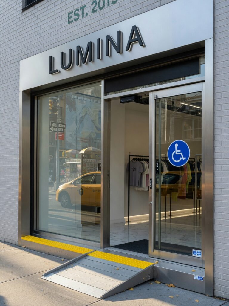 Ultra-realistic 8K photograph of a modern custom aluminum commercial storefront entrance in Queens NYC with precise ADA compliant clear width, professional architectural photography, natural daylight, sharp detail