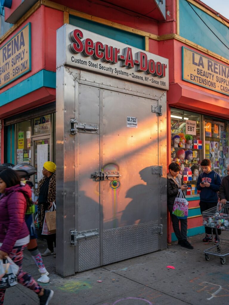 8K ultra-photorealistic image of a custom heavy-gauge steel security door installed on a vibrant Queens storefront at golden hour, perfectly legible 'Secur-A-Door' signage, warm lighting reflecting off polished steel, busy sidewalk with pedestrians, indistinguishable from real photography, ultra-detailed textures