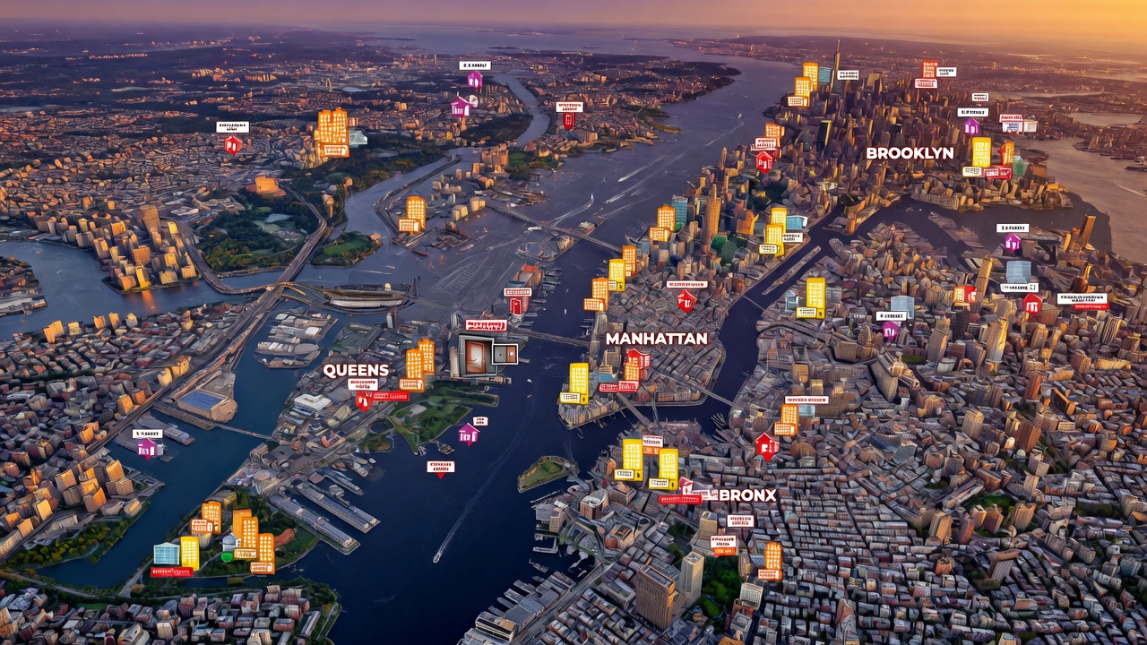 Aerial perspective of New York City boroughs highlighting Queens, Brooklyn, Manhattan, and Bronx with building icons representing different property types needing fire door compliance