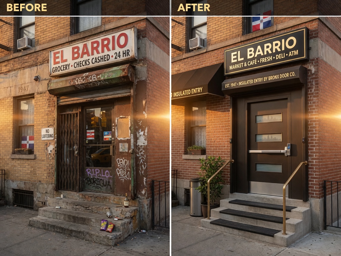 8K cinematic image of Bronx mixed-use building entrance before and after custom insulated commercial door installation, split screen comparison, golden hour lighting