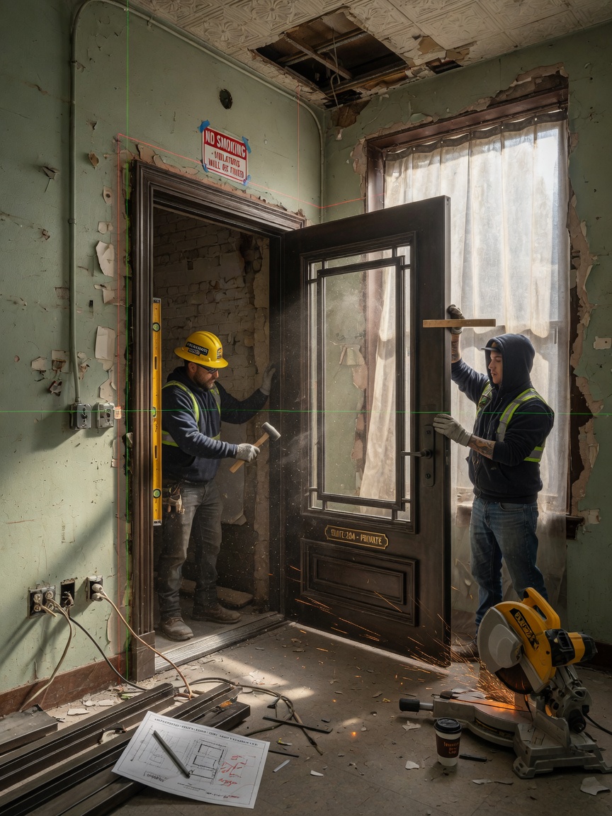 Detailed 8K photograph of custom fabricated door frame being installed in an older Westchester County commercial property, construction in progress, precise alignment