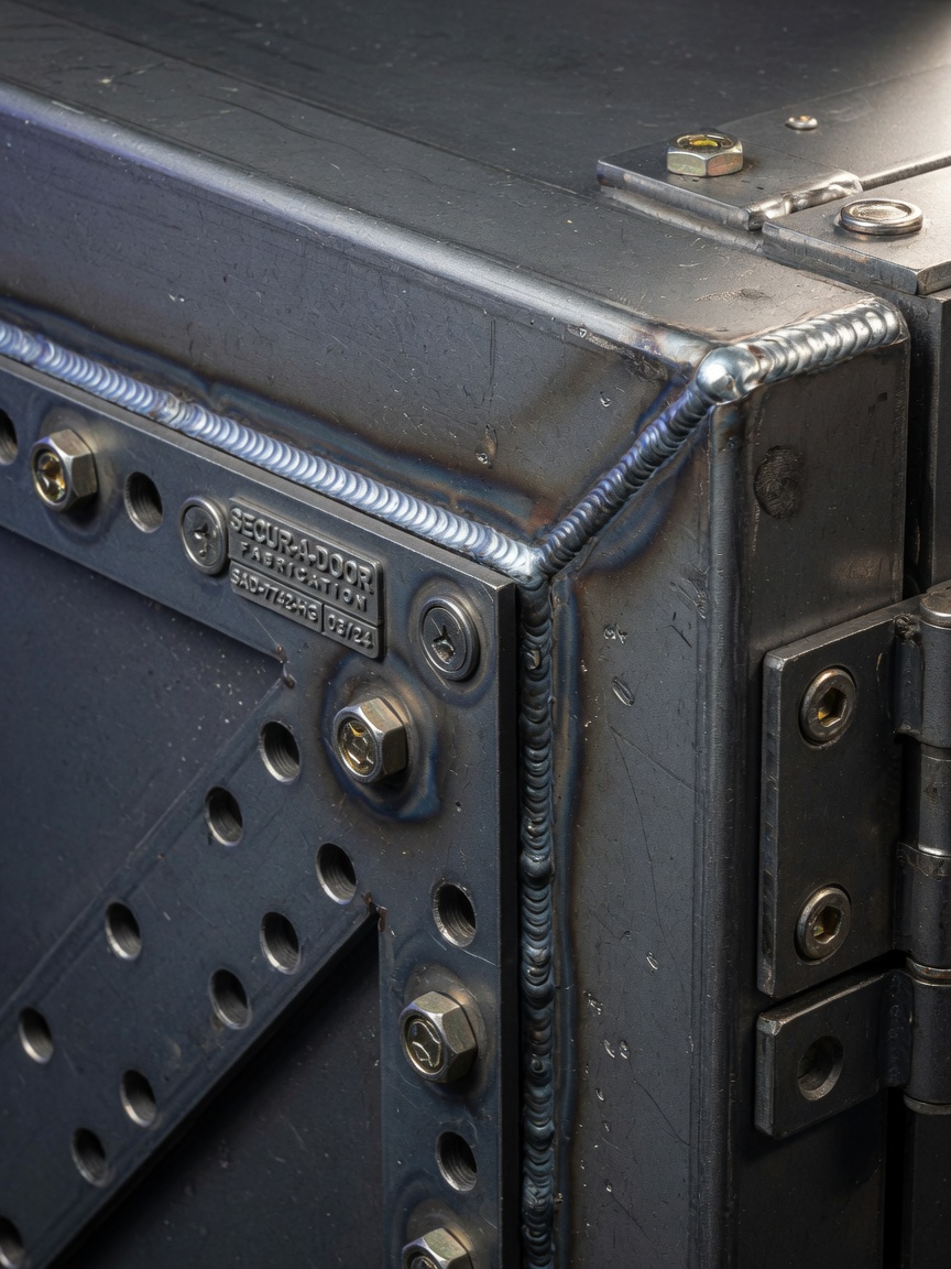 Ultra-photorealistic 8K close-up of a heavy-gauge steel security door corner detail showing precision welding and reinforced construction from Secur-A-Door fabrication, metallic textures, perfect focus, technical yet beautiful composition