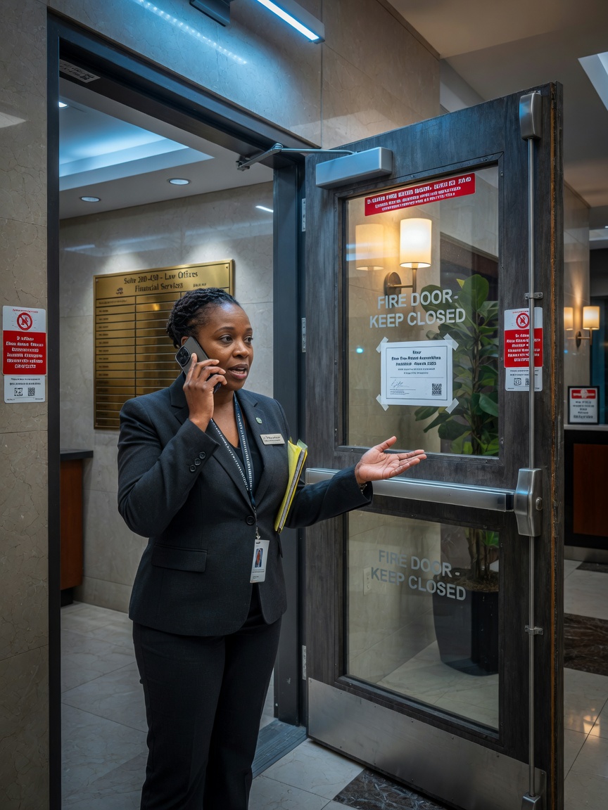 Property manager on phone discussing fire door compliance while standing in front of newly installed custom fire-rated doors in a Westchester office building lobby