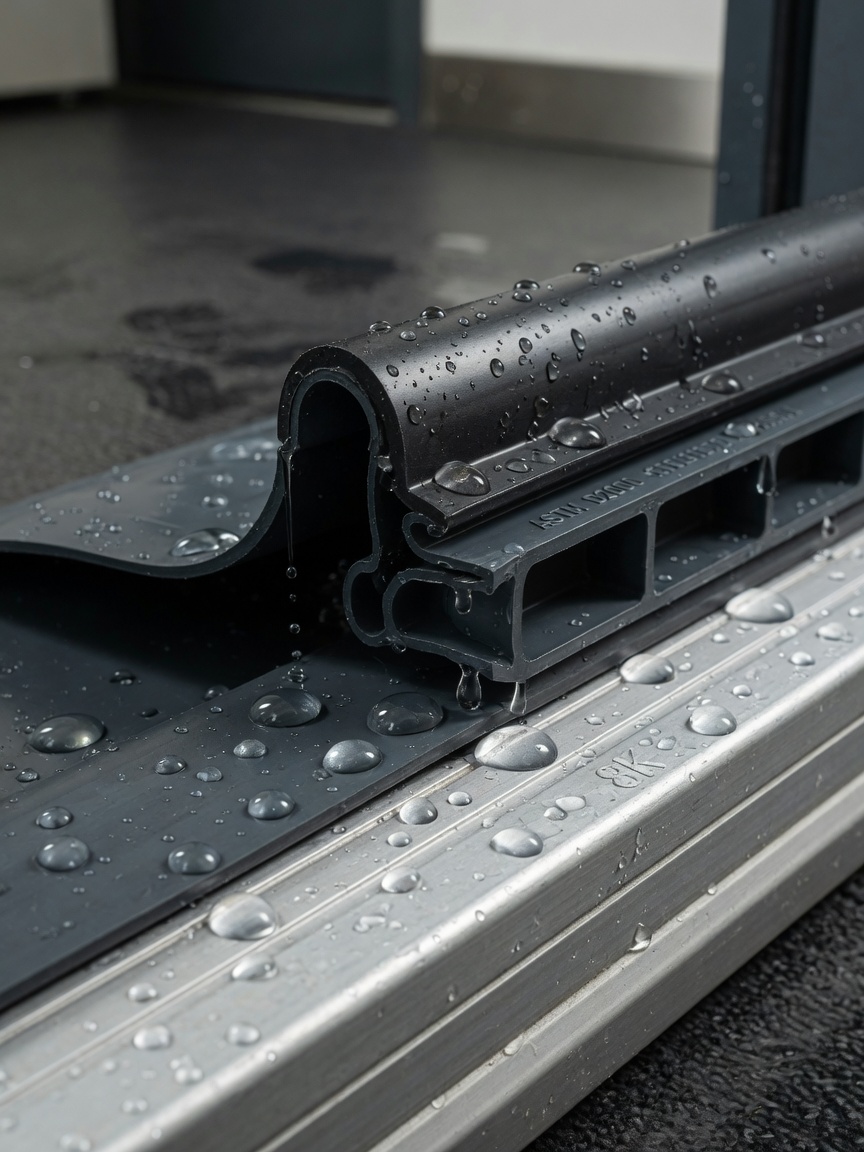 Ultra-realistic 8K close-up of high-performance weather seals and gaskets on commercial entrance threshold, water droplets showing water-tight performance, macro product photography